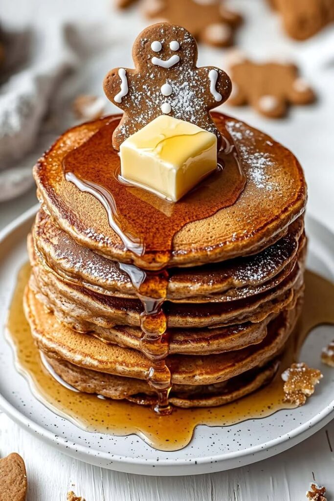 Grandmas Fluffy Gingerbread Pancakes - Easy Christmas Breakfast Recipes for Joyful Mornings Stack of pancakes topped with butter, syrup, and a gingerbread man cookie on a white plate.