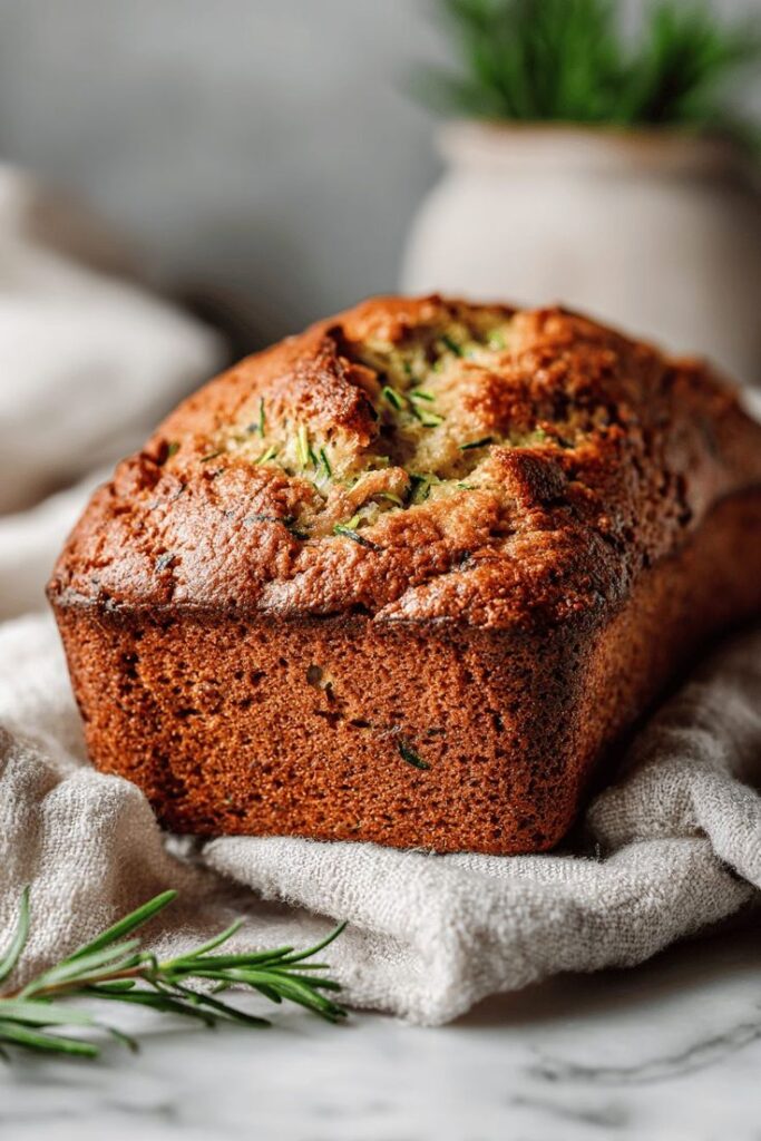 Grandmas Zucchini Bread - Versatile Zucchini Bread Recipe: Nutty, Chocolate, or Spiced Freshly baked zucchini bread on a linen cloth with rosemary garnish, rustic kitchen setting.