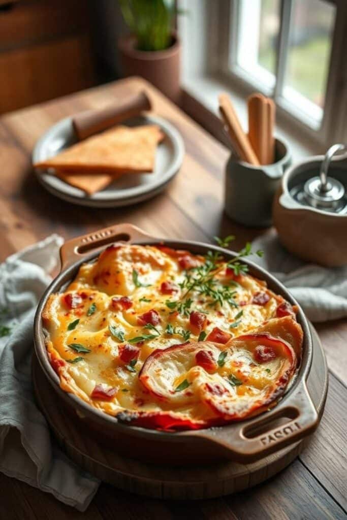 Ham and Cheese Breakfast Strata A layered casserole of bread ham and gooey cheese - Easy Christmas Breakfast Recipes for Joyful Mornings Cheesy baked pasta with herbs and golden crust in a rustic setting near window light.