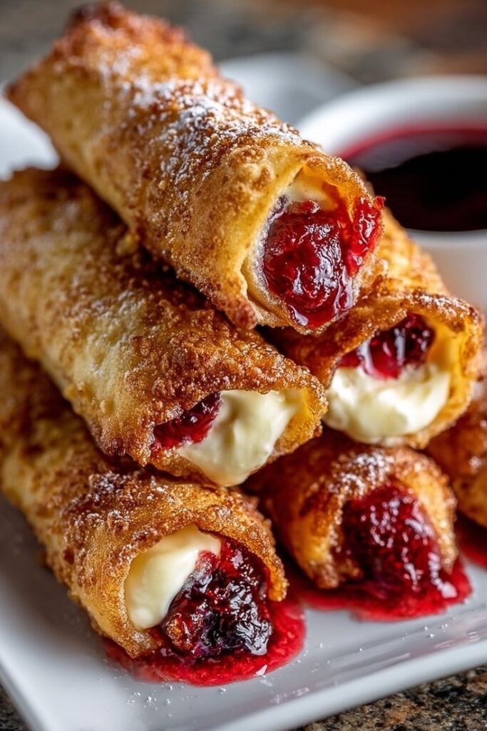 Golden brown crepes filled with cream cheese and raspberry sauce on a white plate, perfect dessert treat.