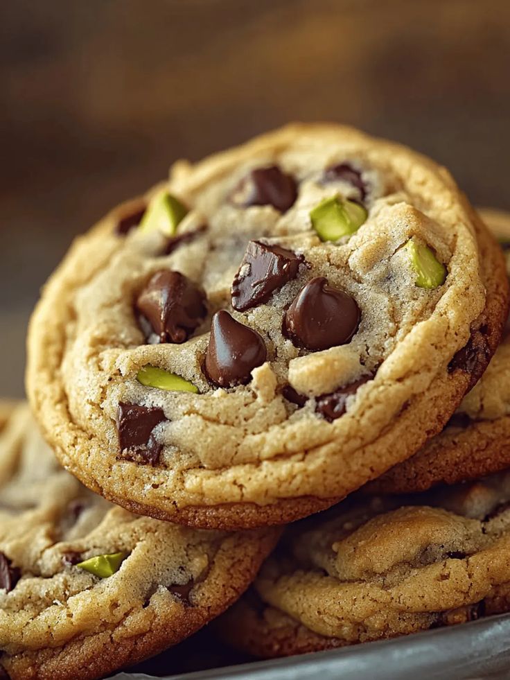 Fresh chocolate chip cookies with pistachio chunks on a tray, highlighting a delicious and nutty treat.
