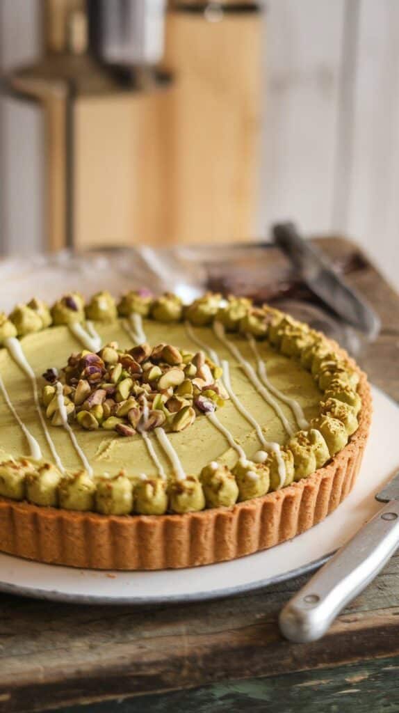 Irresistible Pistachio Tart with Creamy Pistachio Paste _ Addicted to Dates - veggieplate - Delicious Pistachio Pie Ideas for Parties and Holidays Pistachio tart with cream topping and chopped nuts on a wooden table, garnished with drizzle and knife beside it.