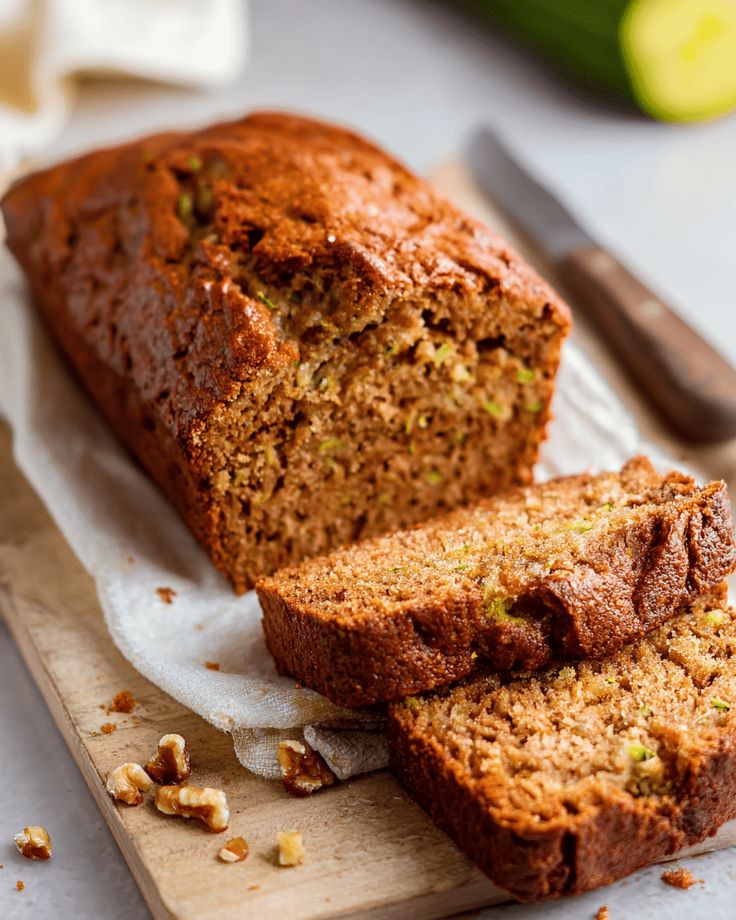 Moist Gluten-Free Zucchini Bread Recipe - Versatile Zucchini Bread Recipe: Nutty, Chocolate, or Spiced Freshly baked zucchini bread sliced on a wooden board with walnuts scattered around.
