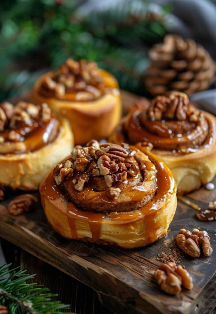 Ooey-Gooey Sourdough Cinnamon Rolls_ Irresistibly Soft Fluffy and Bursting with Flavor - Easy Christmas Breakfast Recipes for Joyful Mornings Delicious caramel pecan cinnamon rolls on a wooden board, perfect for holiday treats or cozy breakfasts.