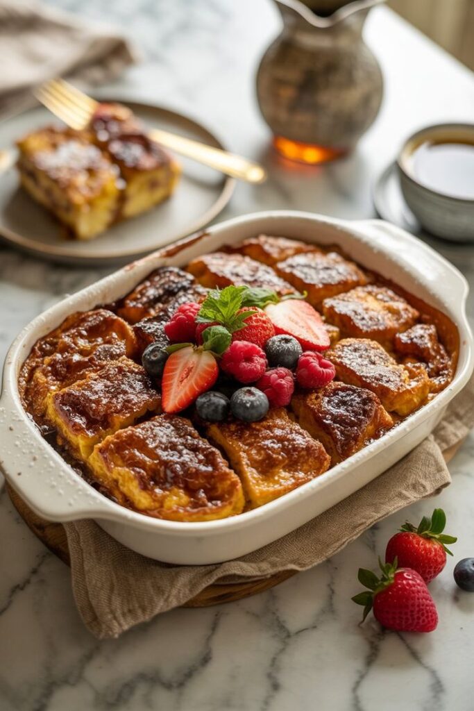 Overnight French Toast Casserole - Easy Christmas Breakfast Recipes for Joyful Mornings Baked bread pudding topped with fresh berries and mint in a white dish on a marble table, perfect for dessert lovers.