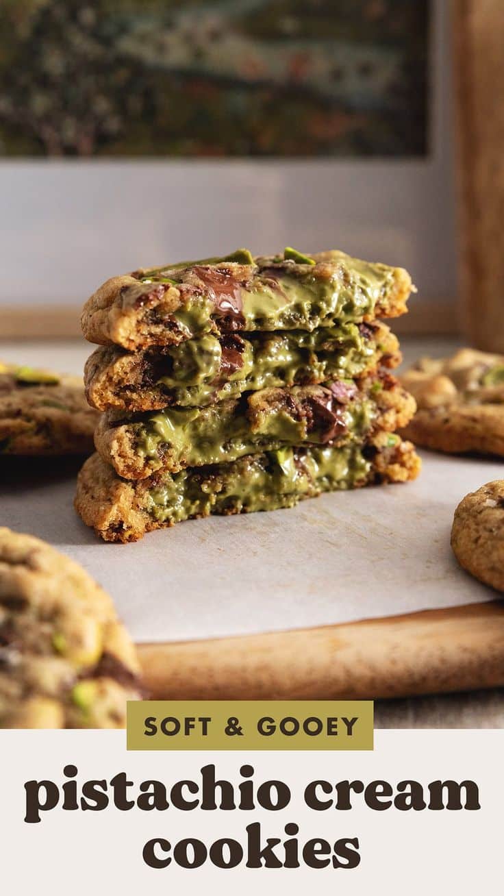 Soft and gooey pistachio cream cookies stacked on a baking sheet, perfect for dessert lovers.