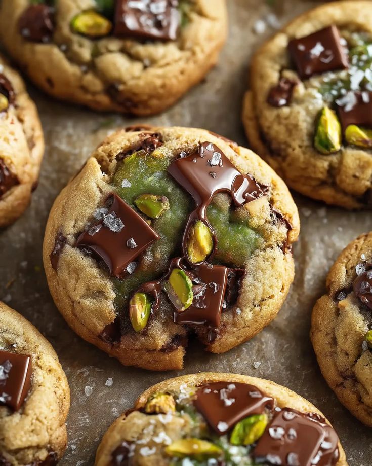 Delicious cookies topped with dark chocolate chunks, roasted pistachios, and sea salt flakes on a rustic tray.
