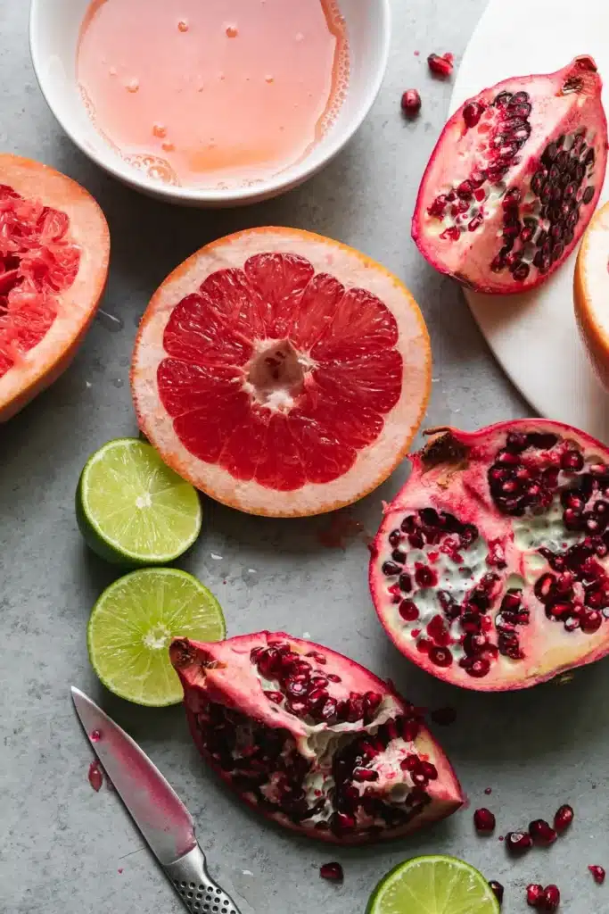 Pomegranate-Paloma-1 - Festive & Easy: Master the Perfect Pomegranate Paloma Fresh citrus and pomegranate arrangement with juice in a bowl, featuring limes, grapefruit, and vibrant seeds.