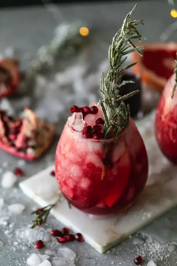 Pomegranate-Paloma-4 - Festive & Easy: Master the Perfect Pomegranate Paloma Festive cranberry cocktail with pomegranate seeds and rosemary garnish, served over ice on marble board. Pomegranate Paloma