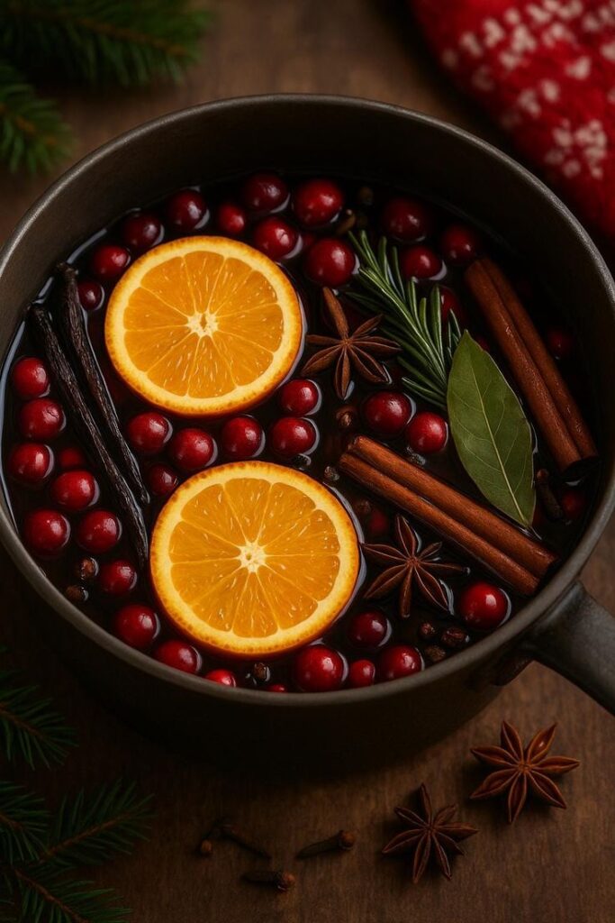 Potpourri Christmas Morning Simmer_ Oranges Cranberries Cinnamon Star Anise Cloves Rosemary _ Reusable Holiday Aromatherapy - Easy Christmas Breakfast Recipes for Joyful Mornings Festive potpourri with orange slices, cranberries, cinnamon, star anise, and spices in a dark pot. Ideal for cozy ambiance.