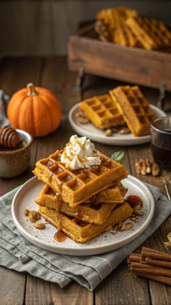Pumpkin Waffles Recipe _ Crispy Fluffy Cozy Fall Breakfast - Easy Christmas Breakfast Recipes for Joyful Mornings Pumpkin waffles topped with whipped cream and syrup, perfect for a cozy fall breakfast on a rustic wooden table.