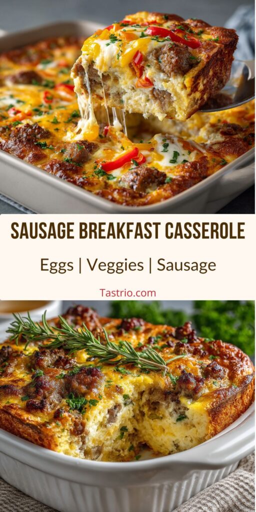 Sausage Egg Casserole - Easy Christmas Breakfast Recipes for Joyful Mornings Sausage breakfast casserole with eggs, veggies, and cheese in a baking dish; perfect for a hearty morning meal.