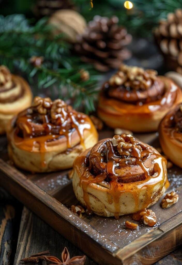 Sourdough Sticky Buns with Pecans _ How To Make In Easiest Ways - Easy Christmas Breakfast Recipes for Joyful Mornings Glazed cinnamon rolls topped with walnuts on a festive wooden tray, pinecones and greenery in the background.