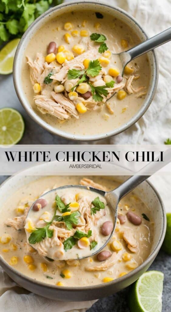 Spicy Creamy White Chicken Chili 🌶️ The Best of Both Worlds - Your Guide to Delicious White Chicken Chili with Easy Tips Bowl of creamy white chicken chili with corn, beans, and cilantro, garnished with lime slices. Perfect comfort food.