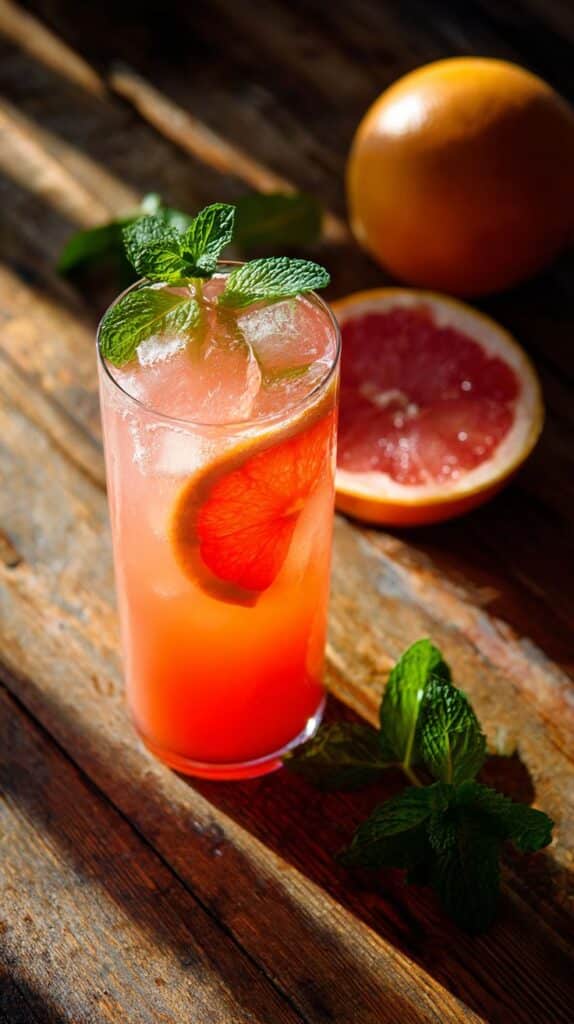 Sunshine in a Glass ☀️ - Festive & Easy: Master the Perfect Pomegranate Paloma Refreshing grapefruit cocktail with mint garnish, served on a wooden table with sliced grapefruit and mint leaves.