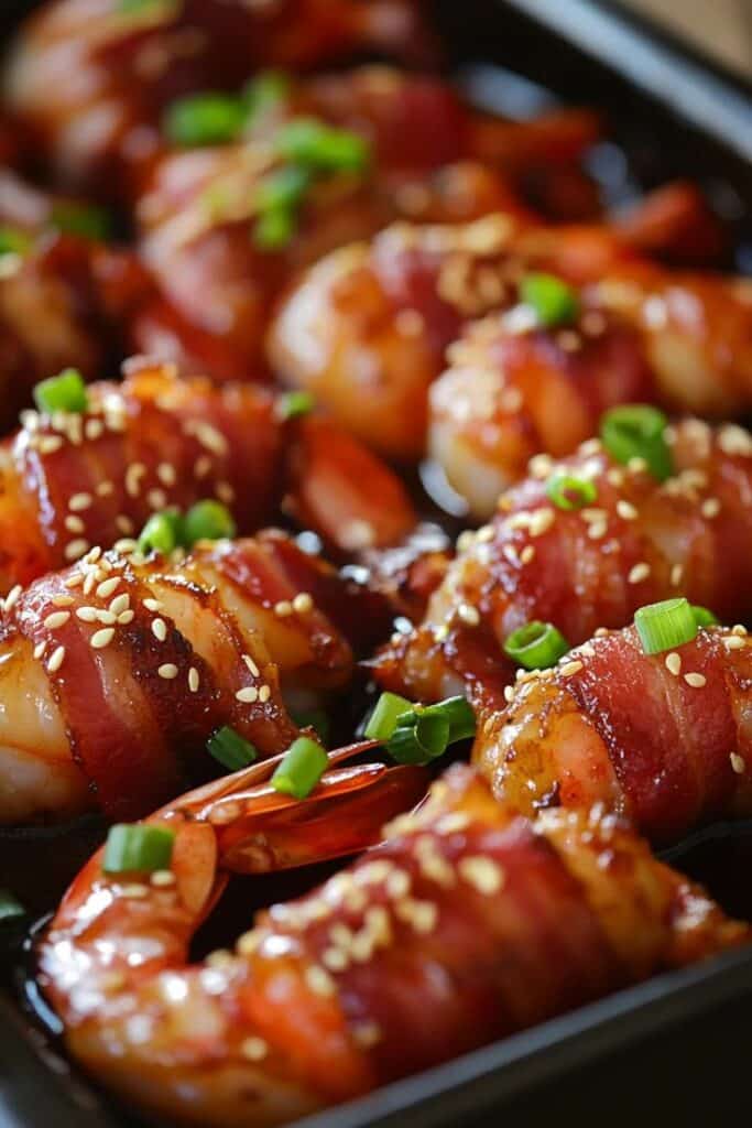 Sweet and Spicy Bacon-Wrapped Shrimp 1 - Sweet & Spicy Bacon-Wrapped Shrimp: Delightful Recipe Bacon-wrapped shrimp garnished with sesame seeds and green onions in a baking tray. &