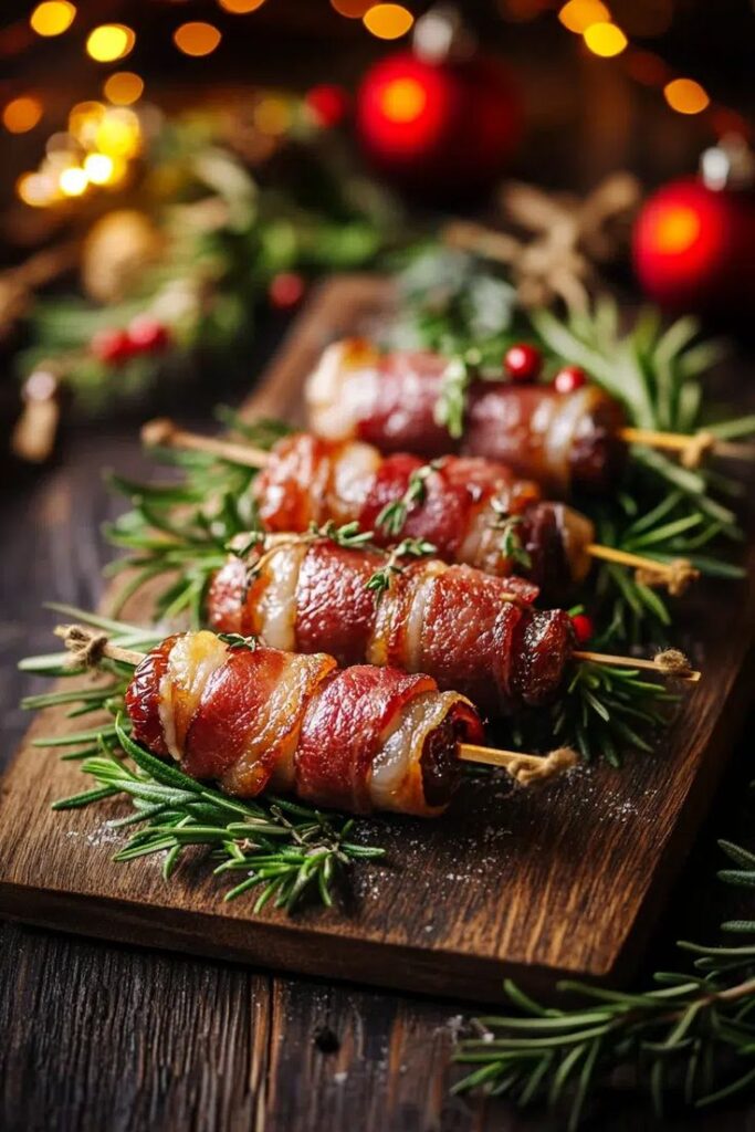 Sweet and Spicy Bacon-Wrapped Shrimp - Sweet & Spicy Bacon-Wrapped Shrimp: Delightful Recipe Bacon-wrapped appetizers on skewers with rosemary garnish, perfect for festive holiday parties and celebrations.