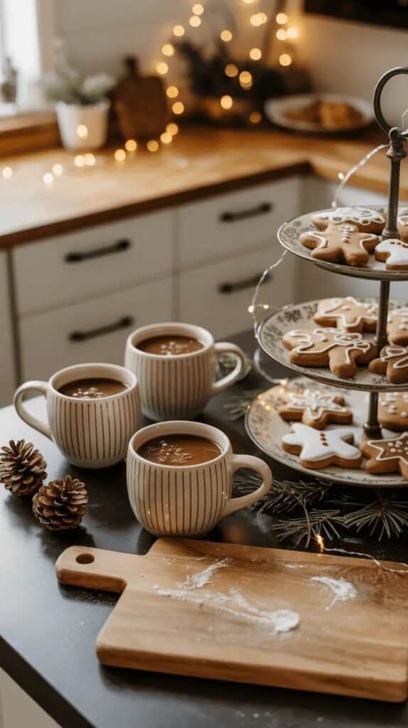 Transform Your Kitchen_ Dazzling Winter Decor Ideas - Easy Christmas Breakfast Recipes for Joyful Mornings Cozy holiday scene with mugs of hot cocoa, gingerbread cookies, and festive lights in a warm kitchen setting.