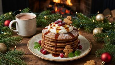 Festive pancakes with whipped cream, gingerbread men, cranberries, and hot cocoa by a cozy fireplace. Holiday breakfast scene.