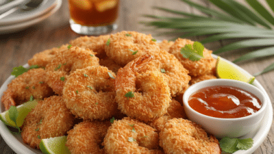Plate of crispy coconut shrimp with lime wedges and sweet chili sauce, garnished with cilantro, on a wooden table.