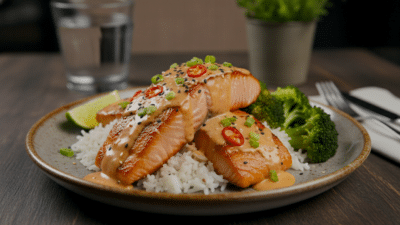 Grilled salmon with creamy sauce on rice, topped with chili and green onions, served with broccoli and lime wedge.