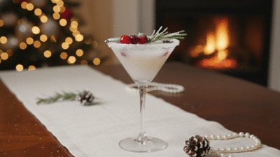 Festive martini with cranberries and rosemary on table by Christmas tree and fireplace. Cozy holiday scene.