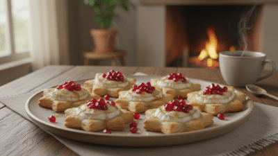 Delicious pastries topped with pomegranate seeds and honey, elegantly placed beside a warm fireplace and a cup of tea.