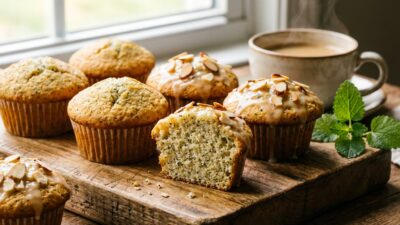 Fresh homemade muffins with almonds and poppy seeds, served with a steaming cup of coffee on a wooden board.