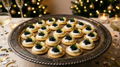 Elegant holiday appetizers with caviar on a festive table setting, surrounded by champagne and candles.