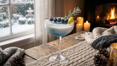 Festive winter cocktail with blueberries and rosemary by a cozy fireplace, surrounded by candles and snow outside.