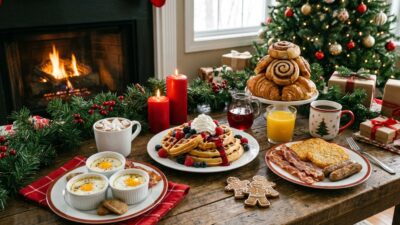 Festive breakfast with waffles, pastries, and hot chocolate by a Christmas tree and fireplace. Cozy holiday setting.