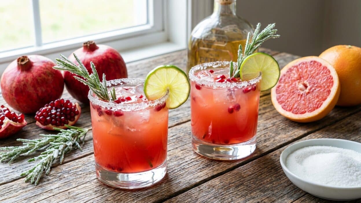 Refreshing pomegranate and grapefruit cocktails with lime slices and rosemary, styled on a rustic wooden table.