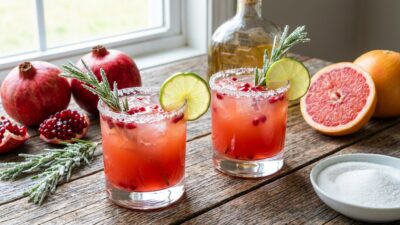 Refreshing pomegranate and grapefruit cocktails with lime slices and rosemary, styled on a rustic wooden table.