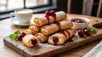 Cherry crepes with powdered sugar and sauce on wooden board, coffee cup in background. Perfect breakfast treat.