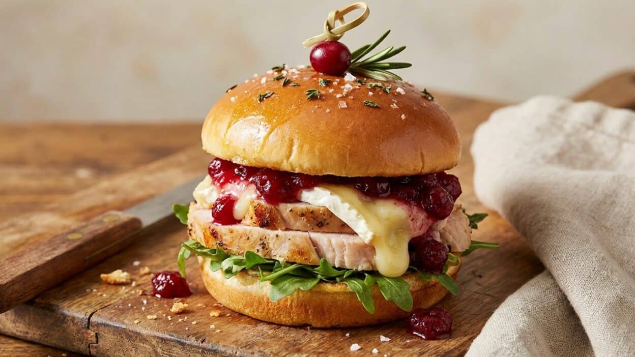 Delicious turkey sandwich with cranberry sauce, melted cheese, and arugula on a toasted bun, garnished with herbs.