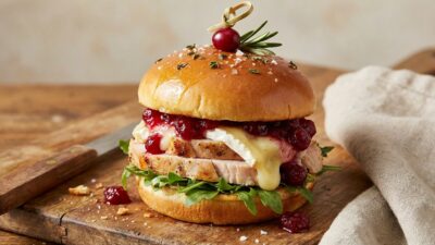 Delicious turkey sandwich with cranberry sauce, melted cheese, and arugula on a toasted bun, garnished with herbs.