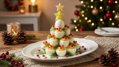 Festive deviled eggs arranged as a holiday tree with dill, pomegranate, and star accents on a white plate.