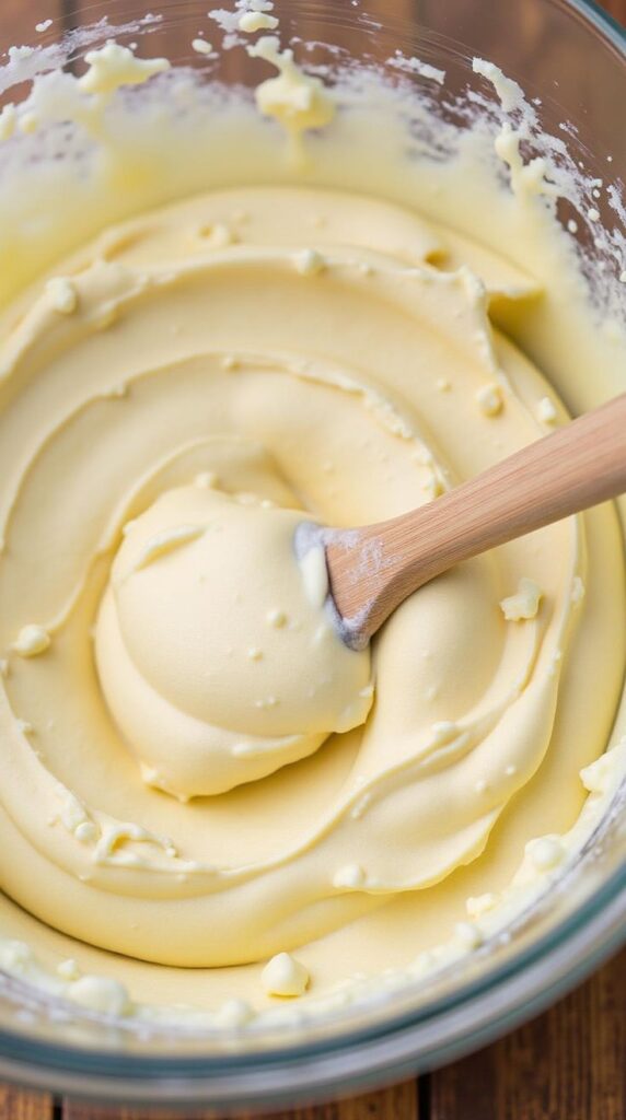 Creamy cake batter in glass bowl with wooden spatula, perfect for dessert recipes.