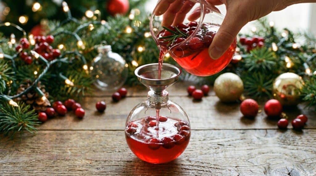 image - Celebrate in Style: Festive Ornament Cocktails for Holidays Pouring festive cranberry drink into ornament, surrounded by Christmas decorations. Ornament Cocktails