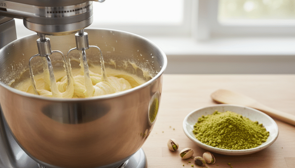 Mixer blending dough with pistachio powder on wooden table, ready for baking.