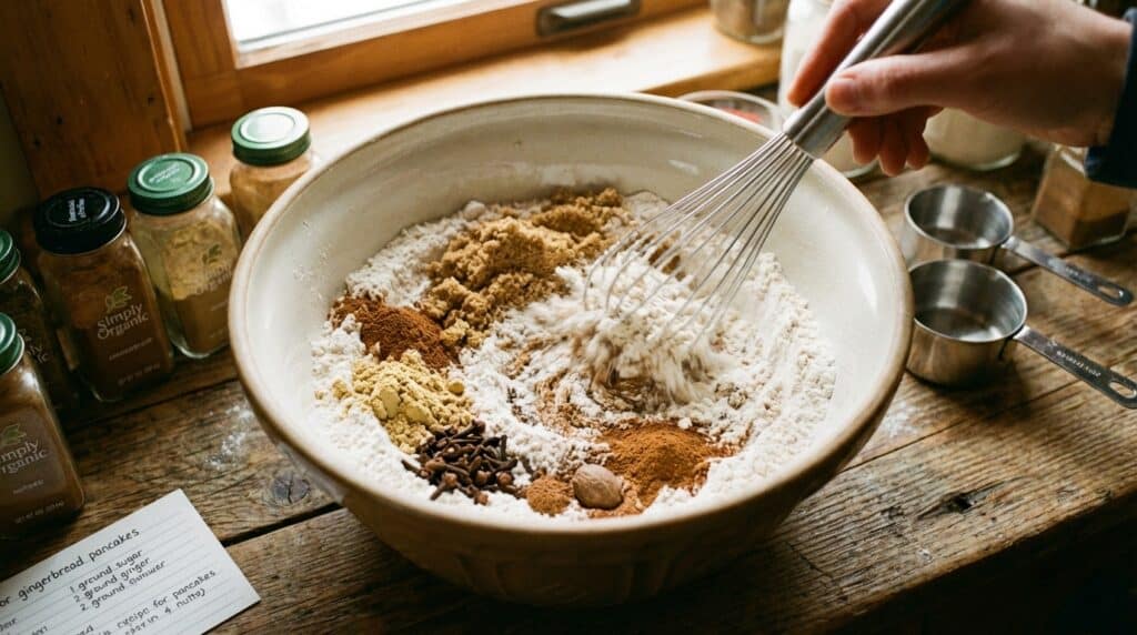 image - Gingerbread Pancakes Recipe | Cozy Holiday Breakfast Mixing ingredients for gingerbread pancakes in a bowl with whisk on rustic wooden table, organic spices visible.