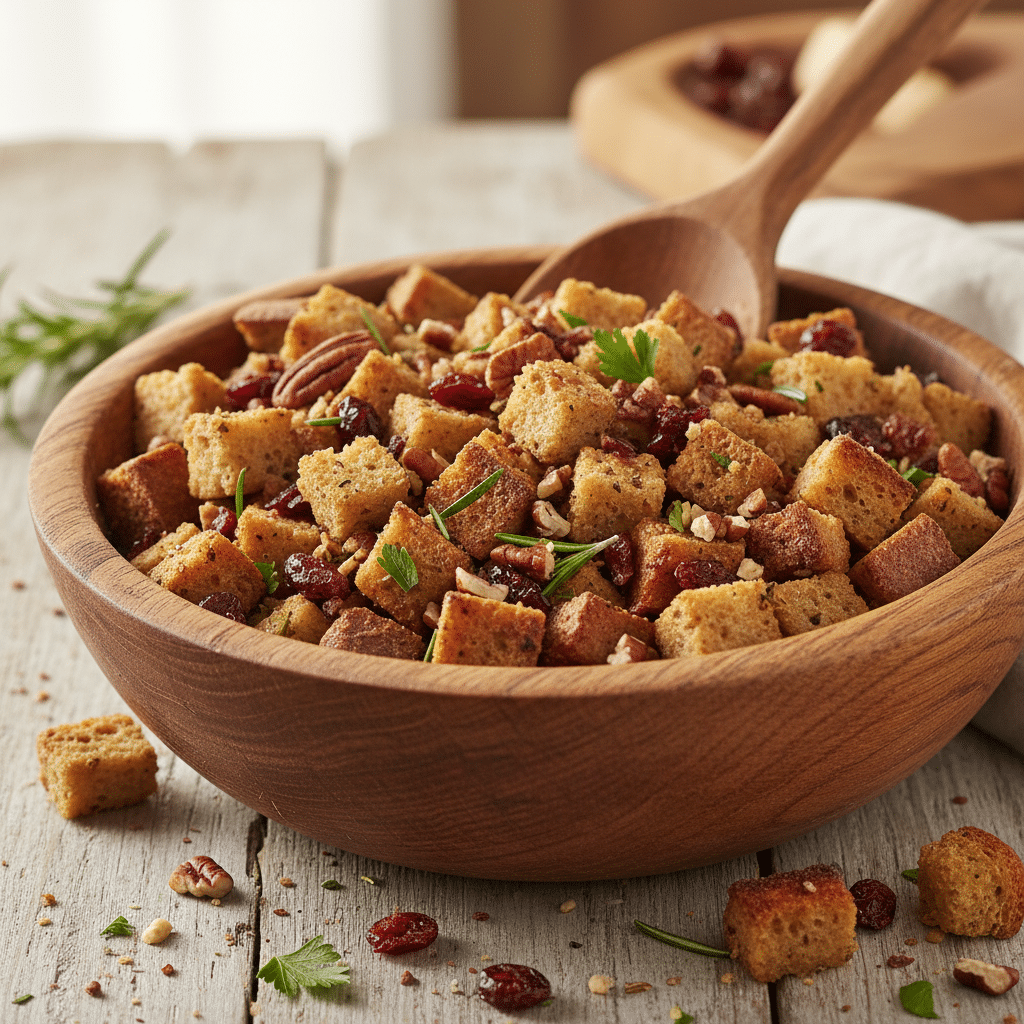 Bowl of seasoned bread cubes with cranberries and nuts on wooden table, wooden spoon inside.