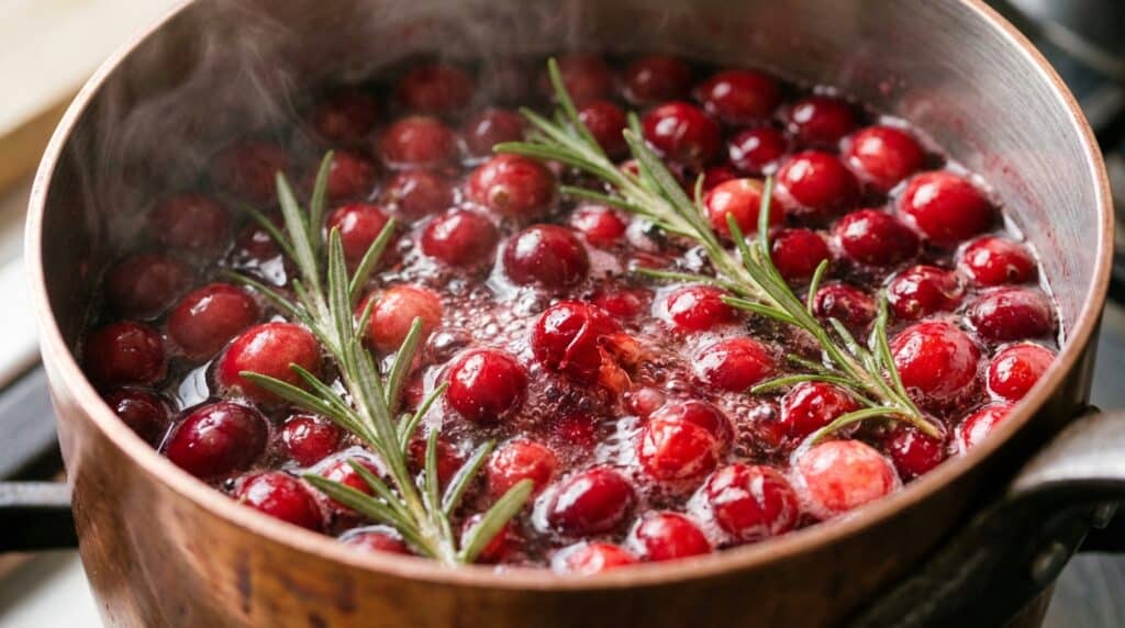 image - Celebrate in Style: Festive Ornament Cocktails for Holidays Pot of boiling cranberries with rosemary, creating a festive and aromatic holiday sauce.