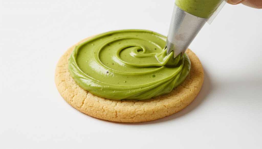 Piping green matcha frosting onto a sugar cookie for a delicious treat.