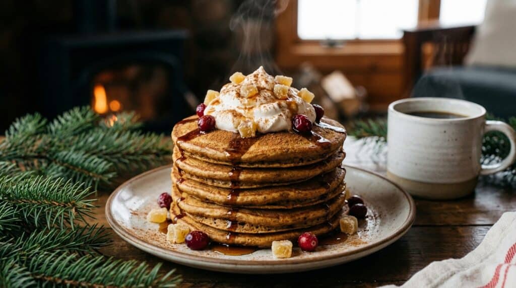 image - Gingerbread Pancakes Recipe | Cozy Holiday Breakfast Tall stack of holiday pancakes with whipped cream, syrup, berries, and ginger, next to pine branches and coffee. Cozy cabin vibe.