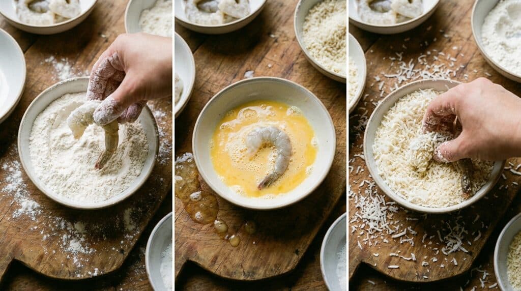 image - Crispy Coconut Shrimp & Sweet Chili Sauce Recipe Hand breading shrimp in flour, egg, and shredded coconut on a wooden board for a crispy fried dish.