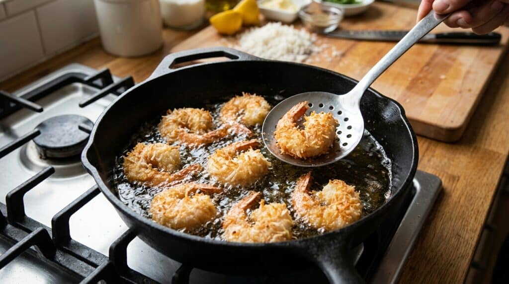 image - Crispy Coconut Shrimp & Sweet Chili Sauce Recipe Coconut shrimp frying in a cast iron skillet on a stovetop, cooked golden and crispy.