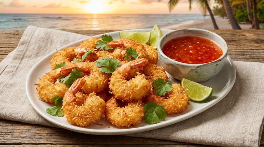 image - Crispy Coconut Shrimp & Sweet Chili Sauce Recipe Crispy coconut shrimp with lime wedges and sweet chili sauce, served by the beach at sunset.