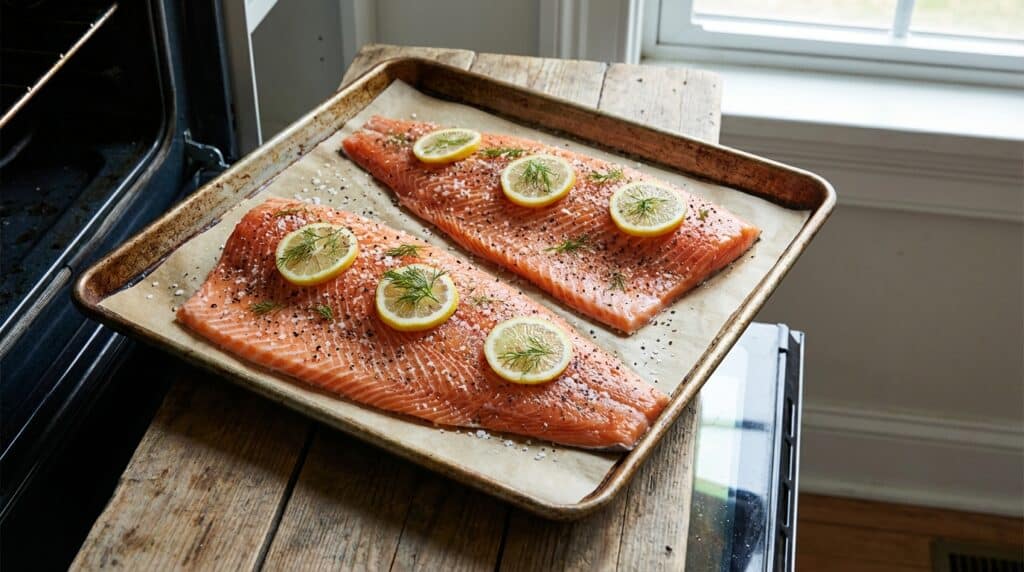 image - Bang Bang Salmon Recipe - Easy & Flavorful Fish Baked salmon fillets with lemon slices and dill on a baking sheet, ready to be cooked in the oven.