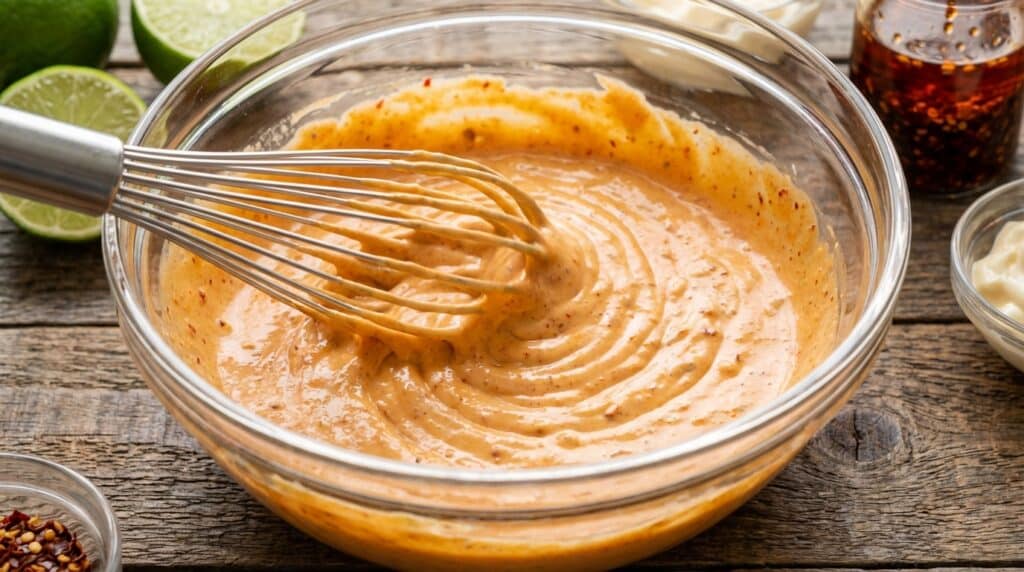 image - Bang Bang Salmon Recipe - Easy & Flavorful Fish Creamy sriracha sauce in a glass bowl with a whisk, surrounded by ingredients like lime and spices on a wooden table.
